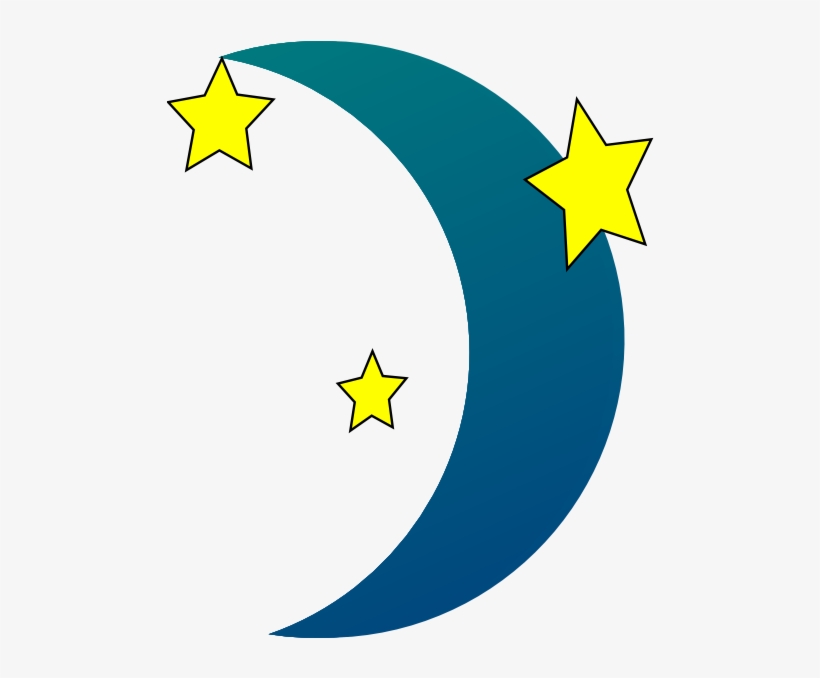 Blue crescent moon with three bright yellow stars on a white background.