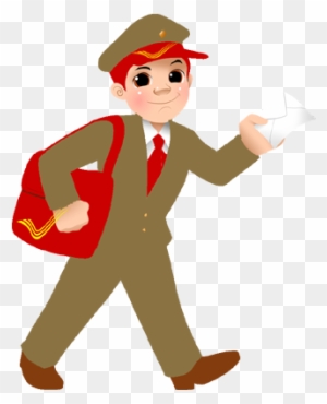 Cartoon postman in uniform delivering a letter with red satchel and cap.