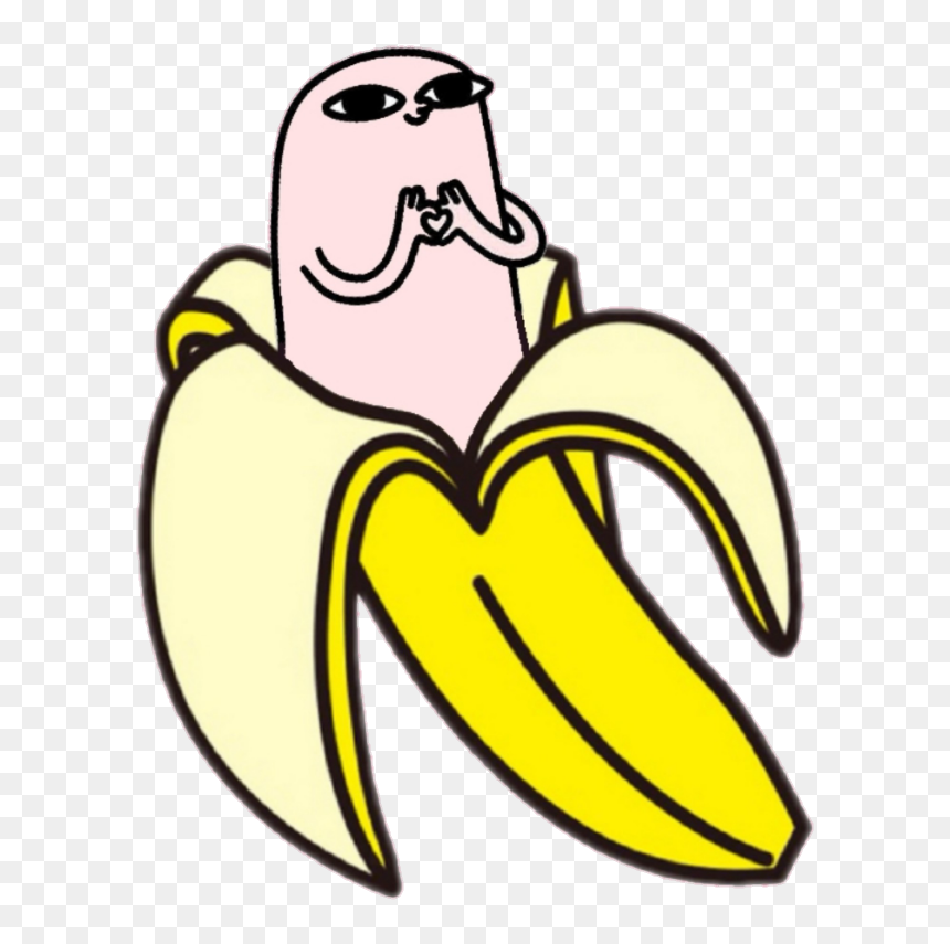 A cartoon pink character with sunglasses peeking out from a peeled banana, hands clasped in a heart shape.