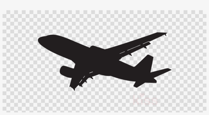 Black silhouette of a commercial jet airplane in flight, viewed from below with wings and engines visible.