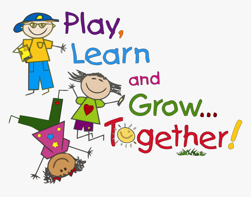 Three cheerful cartoon children playing and learning together with colorful text: "Play, Learn and Grow... Together!"