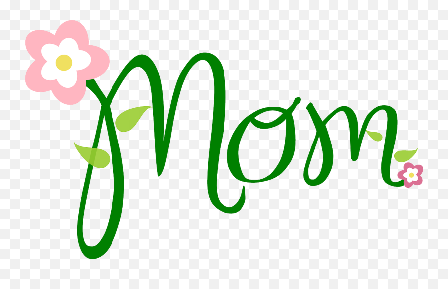 Green cursive "Mom" text with pink flowers and leaves on transparent background.