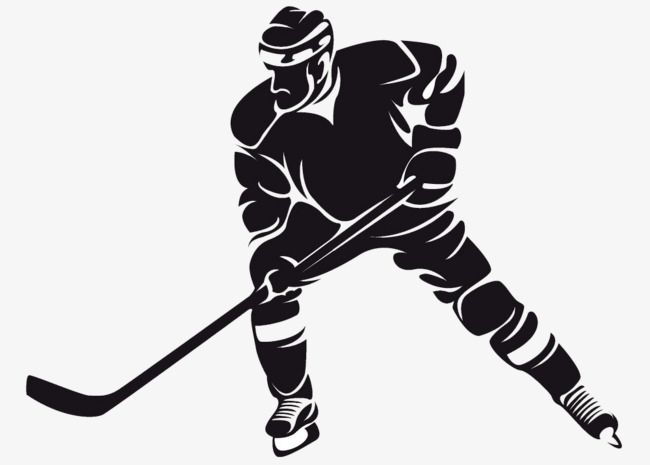 Silhouette of a hockey player in action, holding a stick and wearing full gear including helmet and pads.