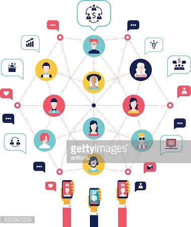 Network diagram showing interconnected users, devices, and digital communication icons like chat bubbles, analytics, and ideas.