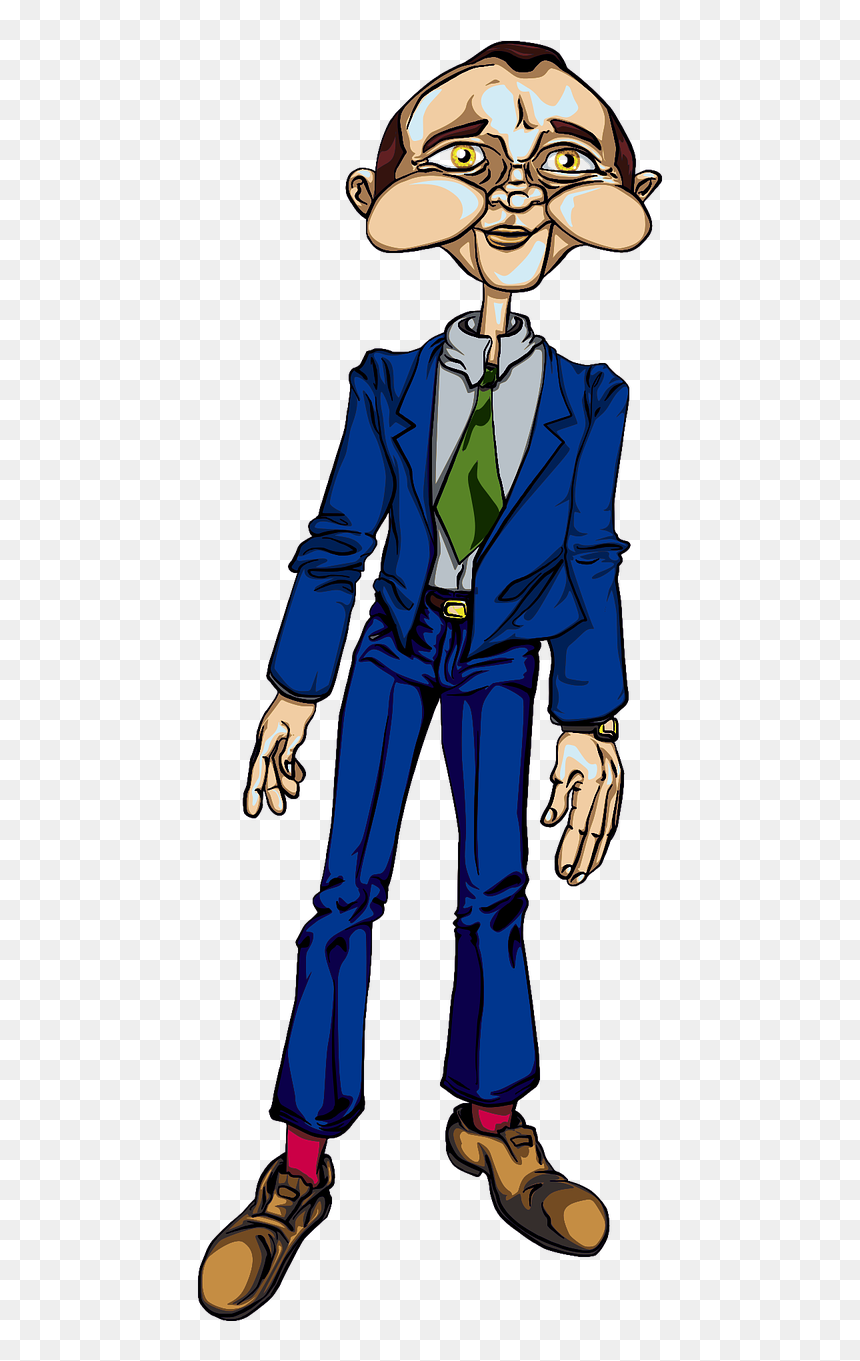 Cartoon man with exaggerated facial features, wearing a blue suit, green tie, and brown shoes.