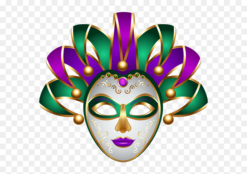 Ornate Mardi Gras mask in purple, green, and gold with feathered plumes and decorative swirls.
