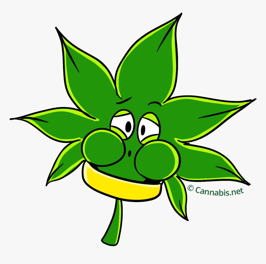 Cartoon cannabis leaf character with expressive eyes, green leaves, and yellow bandana, smiling playfully.