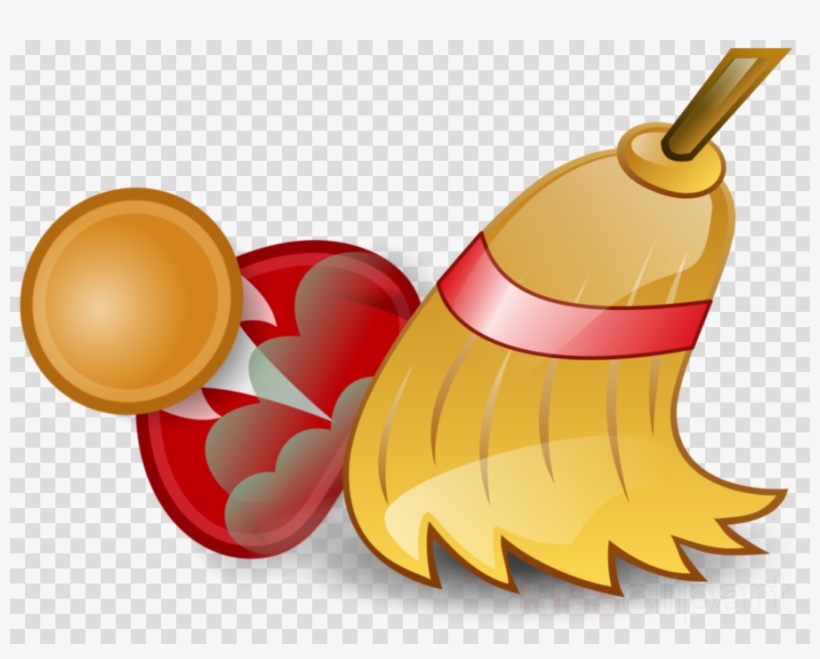 A cartoon-style broom with a red ribbon, a shiny red heart-shaped object, and a golden coin on a transparent background.