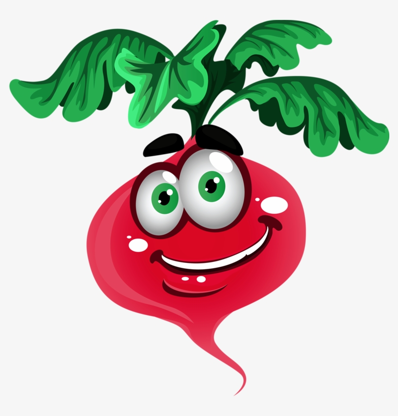 Cheerful cartoon red radish with green leafy top, big green eyes, and a smiling face.