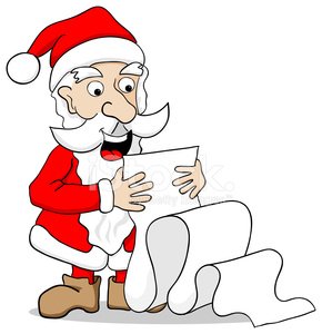 Santa Claus in red suit reading a long scroll list, looking surprised and delighted.