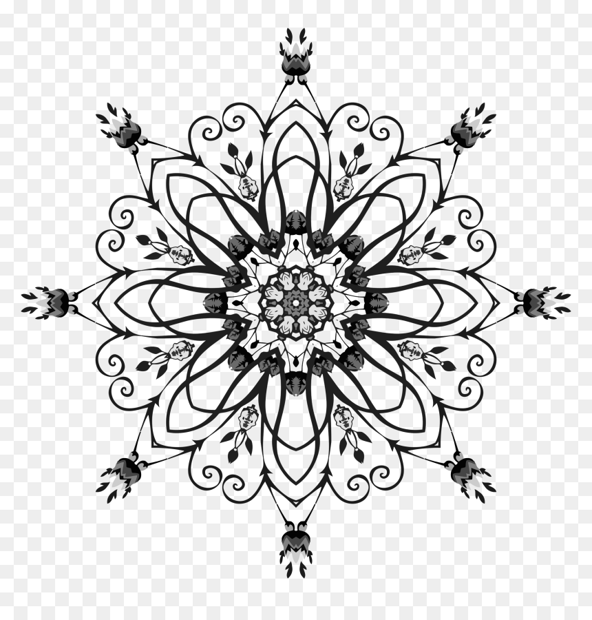 Intricate black-and-white mandala with floral motifs, swirls, and symmetrical eight-point design on transparent background.