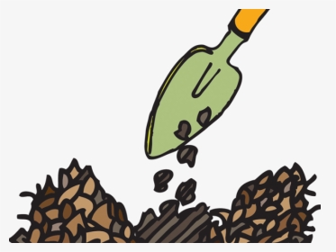 A green gardening trowel with an orange handle deposits soil or compost onto a pile of mulch.
