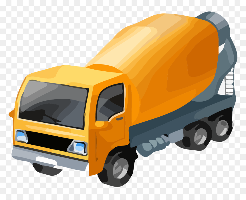 Yellow cement mixer truck with rotating drum, cartoon-style illustration on transparent background.