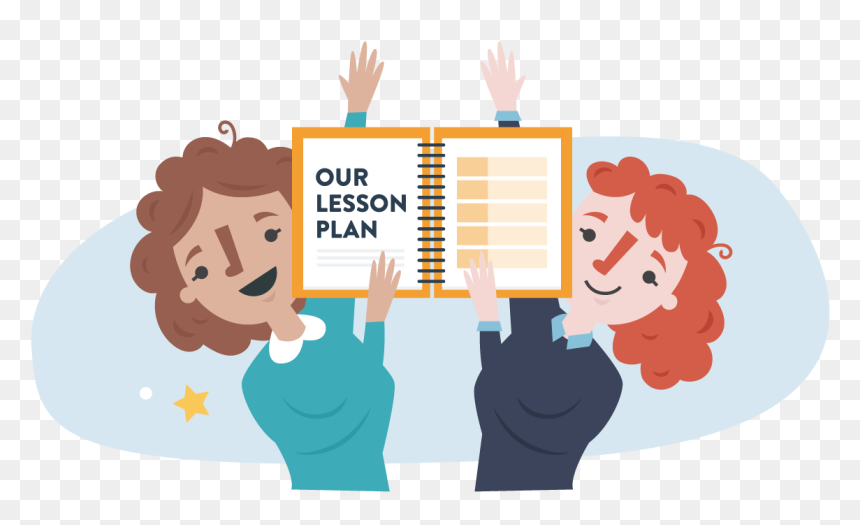 Two smiling educators holding up a spiral-bound lesson plan book titled "OUR LESSON PLAN".