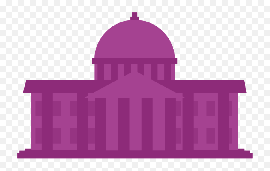 Purple stylized illustration of a neoclassical government building with dome and columns.