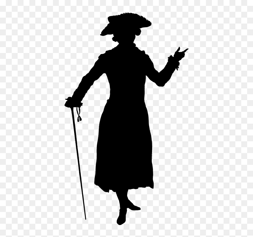 Silhouette of a Victorian-era woman in bonnet and dress, holding a cane and gesturing elegantly.