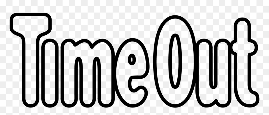"TimeOut" logo in bold outlined typography on transparent background