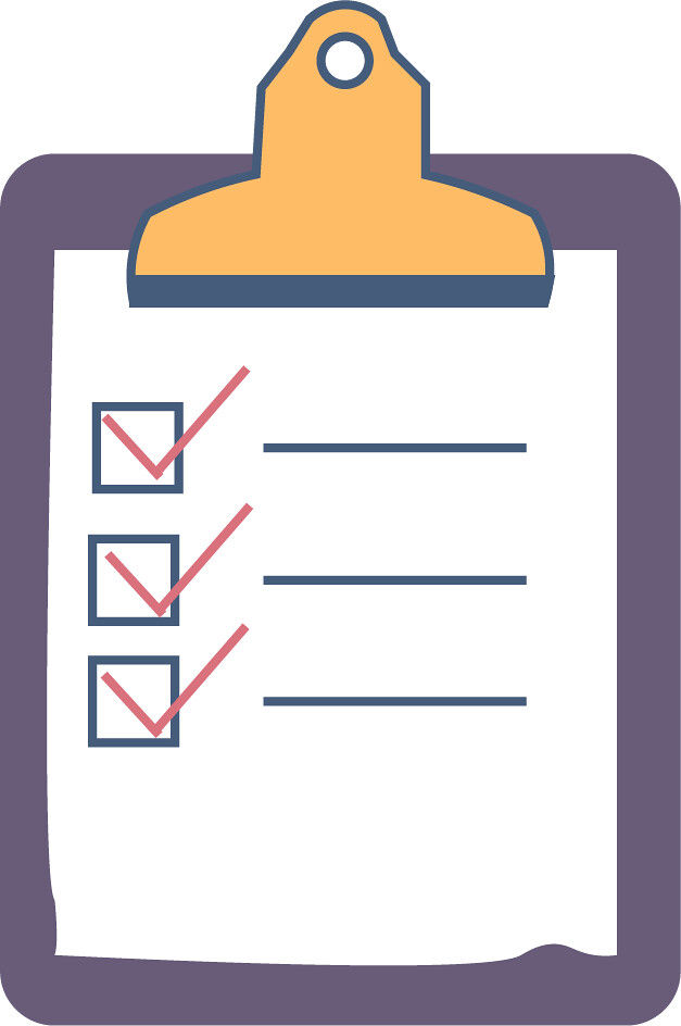 Illustrated clipboard with a checklist showing three completed items marked with red checkmarks.