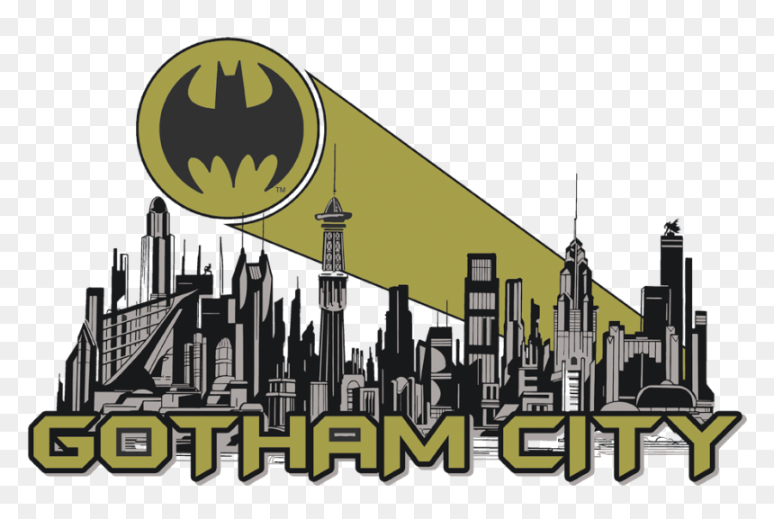 Gotham City skyline with Bat-Signal shining above, stylized black-and-yellow logo beneath.