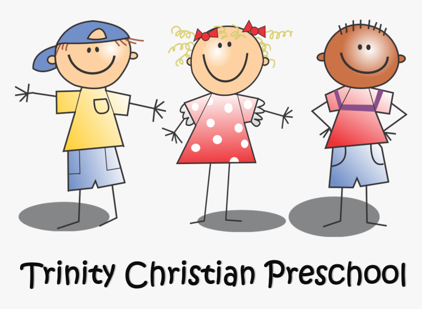 Three smiling cartoon children-boy, girl, and another boy-standing together under "Trinity Christian Preschool" text.