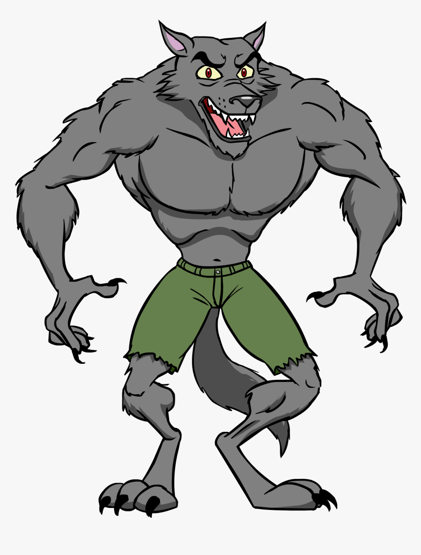 Muscular anthropomorphic werewolf with gray fur, yellow eyes, sharp fangs, and green shorts in a menacing pose.