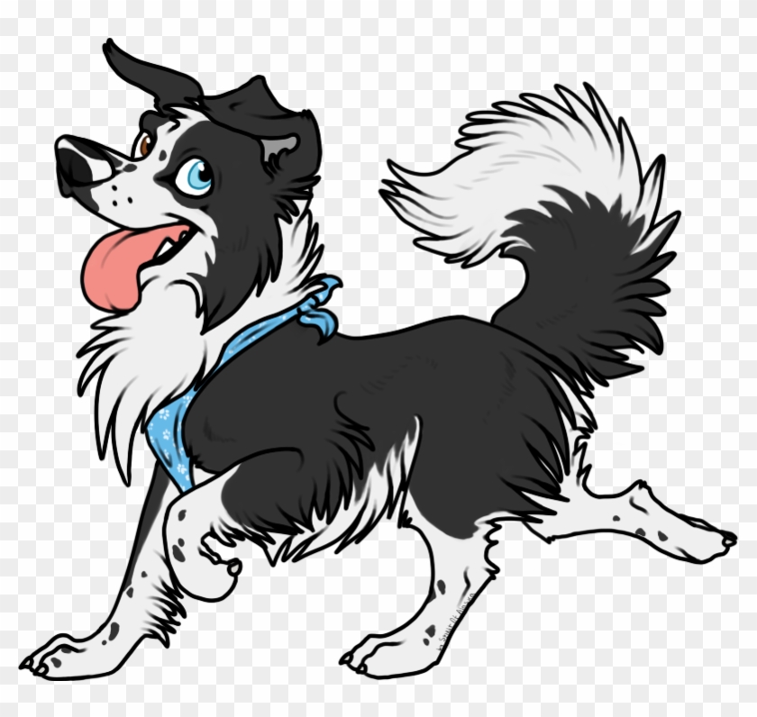 Animated black-and-white Border Collie running joyfully with blue bandana and tongue out.