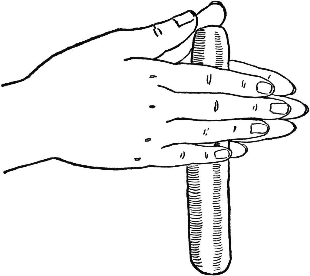 A hand securely holding a glass test tube, illustrated in black-and-white line art.
