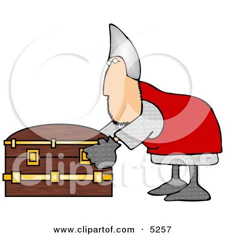 A cartoon dwarf in red tunic and silver helmet opens a wooden treasure chest with gold trim.