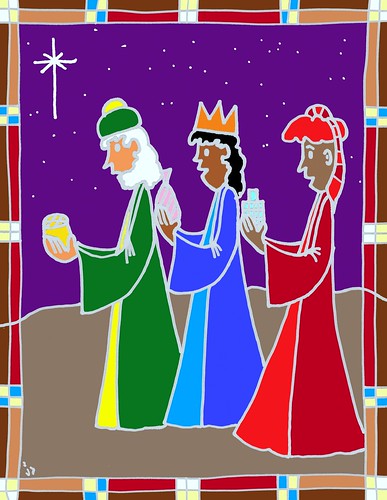 Three wise men in colorful robes presenting gifts under a starry night sky, stylized stained-glass illustration.