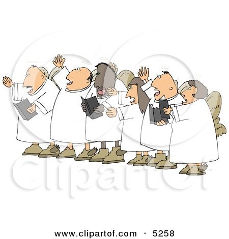 A cartoon choir of six angels in white robes singing passionately with open mouths and raised hands, holding hymnals.