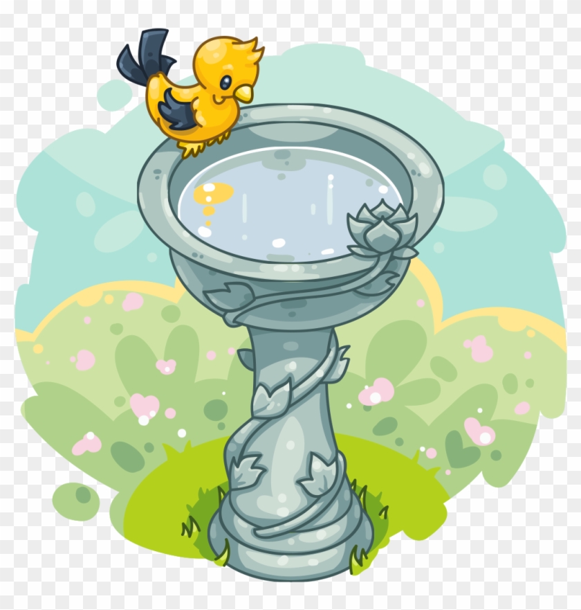 Charming Birdbath Illustration with Yellow Bird - Garden Decor Art