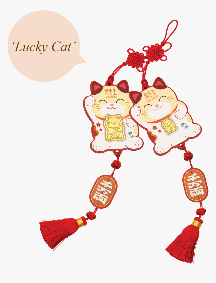 Two red-and-white Maneki-neko lucky cat charms with gold coins, Chinese knots, and tassels, labeled 'Lucky Cat'.