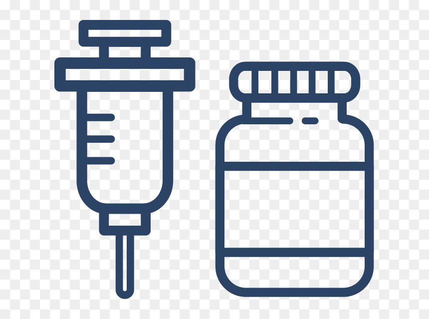 Syringe and medicine vial icon in blue line art on transparent background