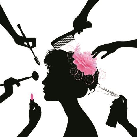 Silhouette of a woman’s profile surrounded by hands applying makeup, styling hair, and adding floral accessories.