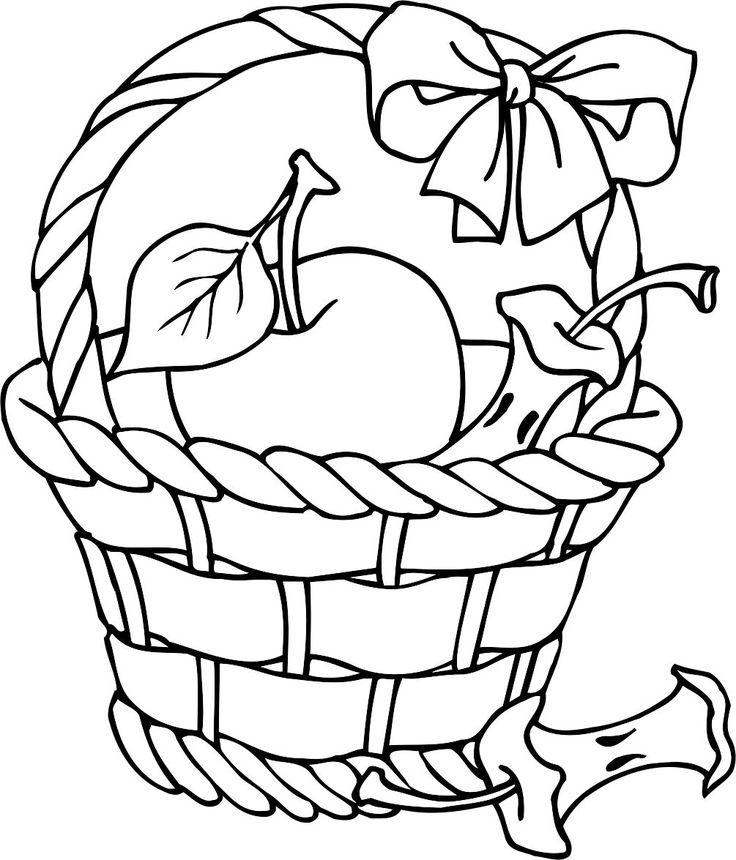 Woven basket with apples and a bow, black-and-white line drawing for coloring.
