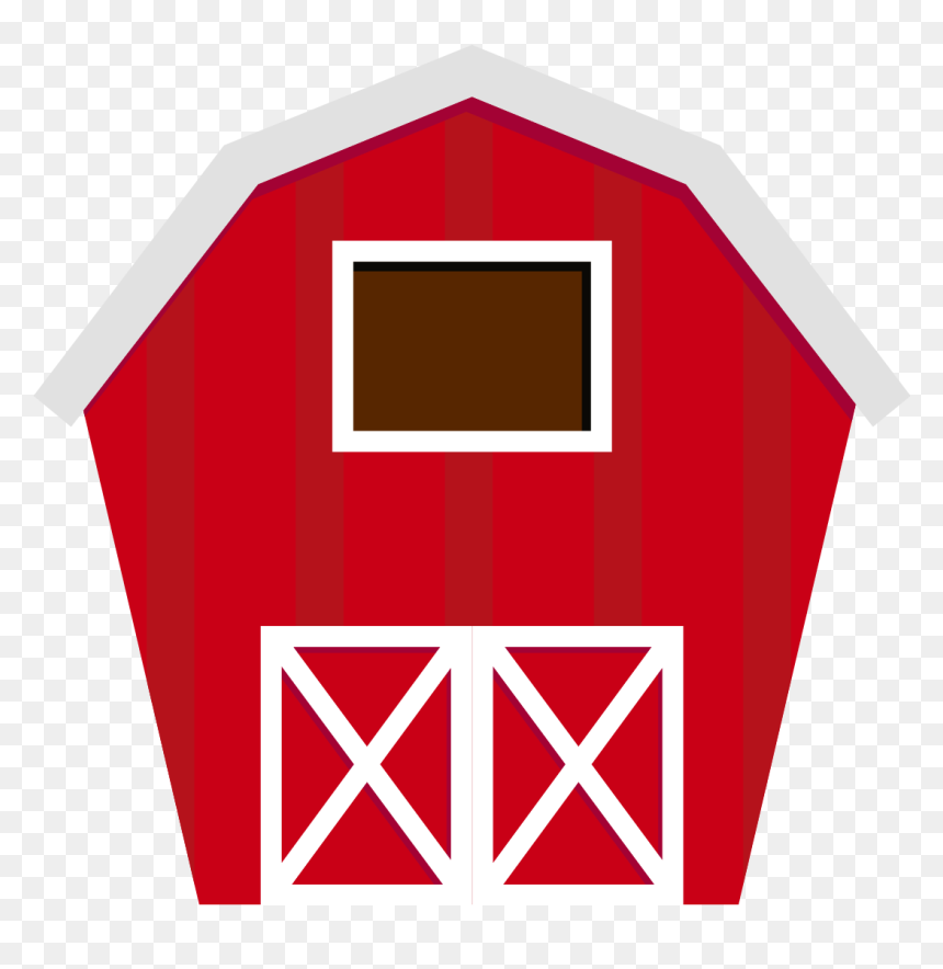 Red barn with white trim, brown window, and double X-style doors on transparent background.