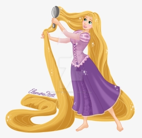 Rapunzel from Disney’s Tangled梳ing her long golden hair with a hand mirror, wearing a purple gown.