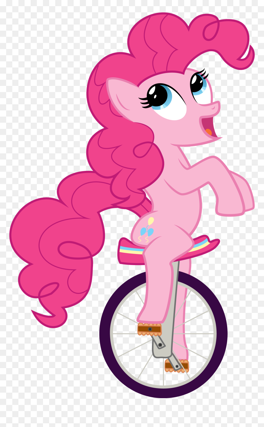 Pinkie Pie from My Little Pony joyfully riding a unicycle with a big smile and curly pink mane.