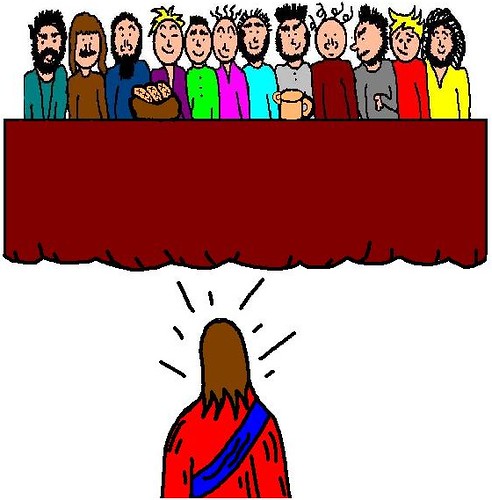 Jesus praying below a crowd of disciples at the Last Supper table, with radiant light above his head.