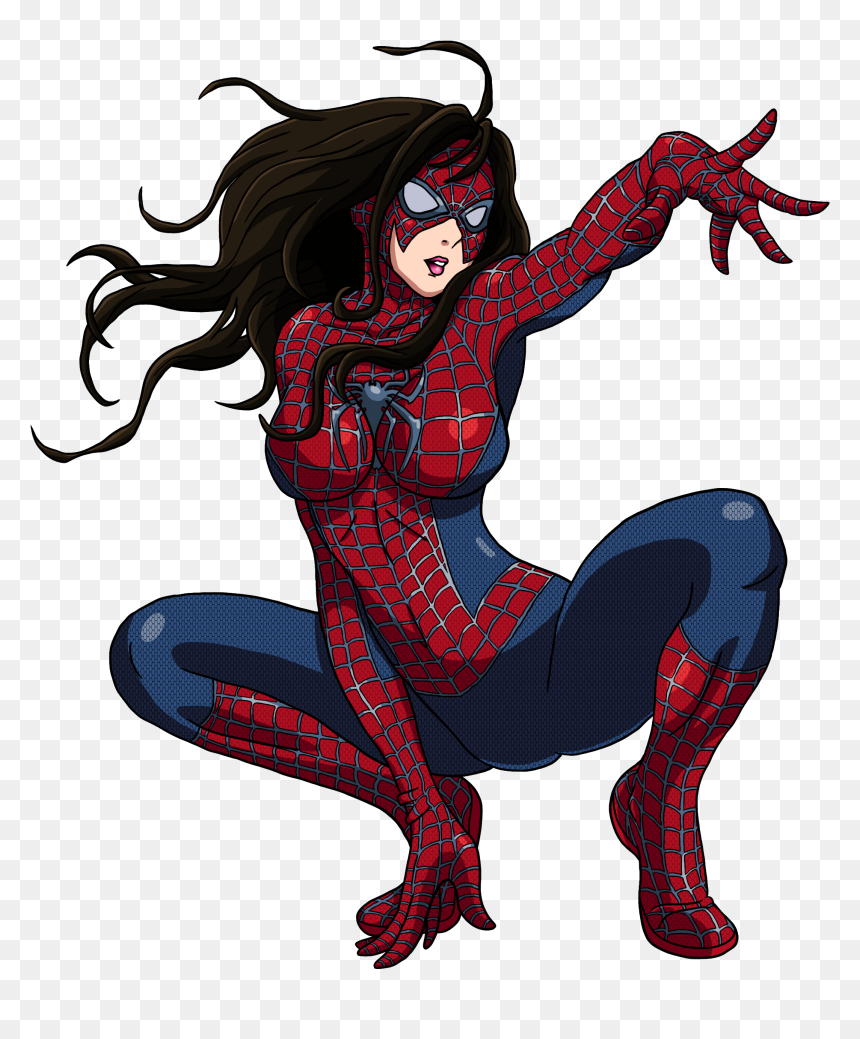 Female Spider-Man character in red and blue suit, crouching with web-shooting pose and flowing dark hair.