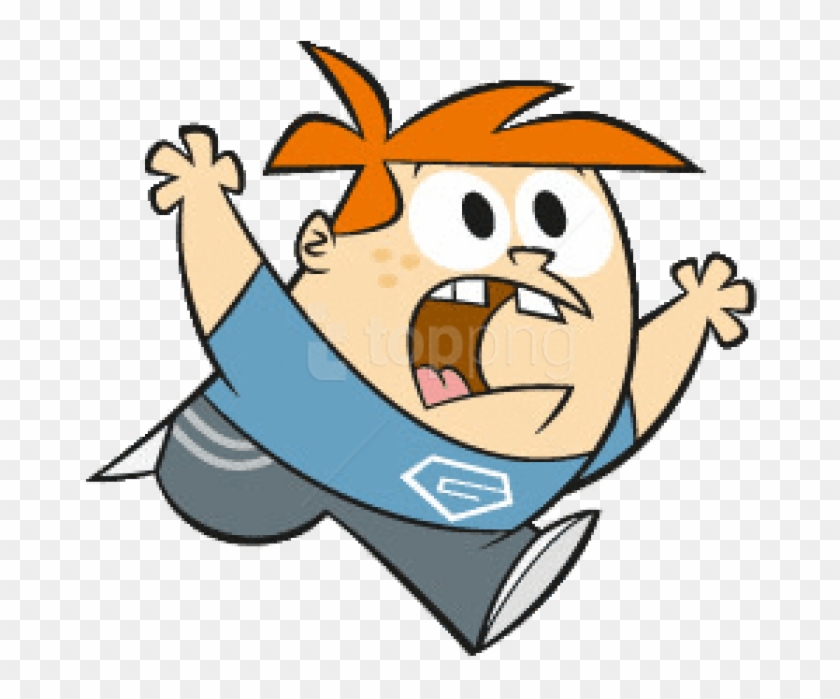 Animated boy with orange hair, wide eyes, and open mouth mid-jump in blue shirt and gray pants.
