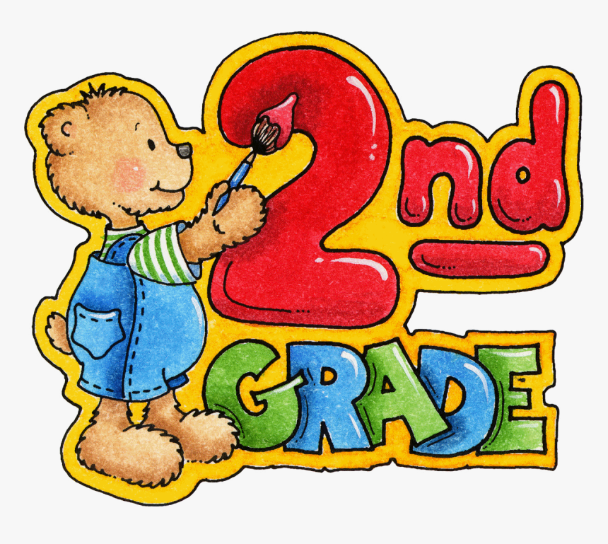 A friendly teddy bear in overalls paints a large red "2" for "2nd Grade" with colorful letters and yellow outline.