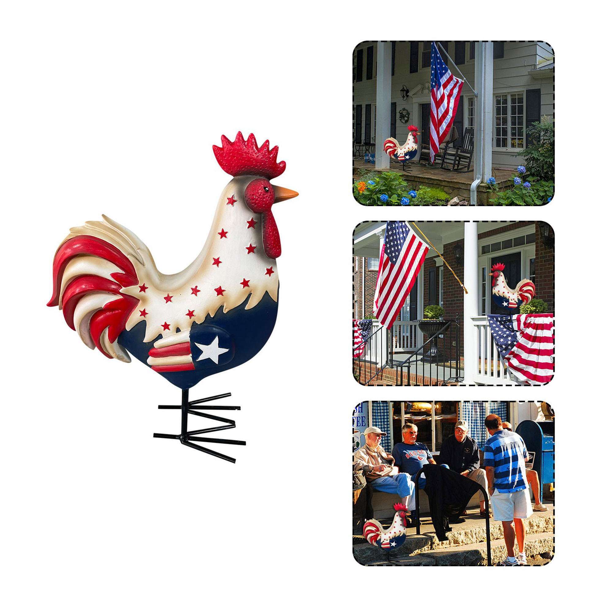Patriotic Rooster Statue - Americana Outdoor Decor for Porches & Gardens