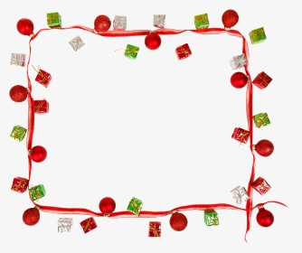 Red ribbon border adorned with small wrapped gifts and ornaments on white background.