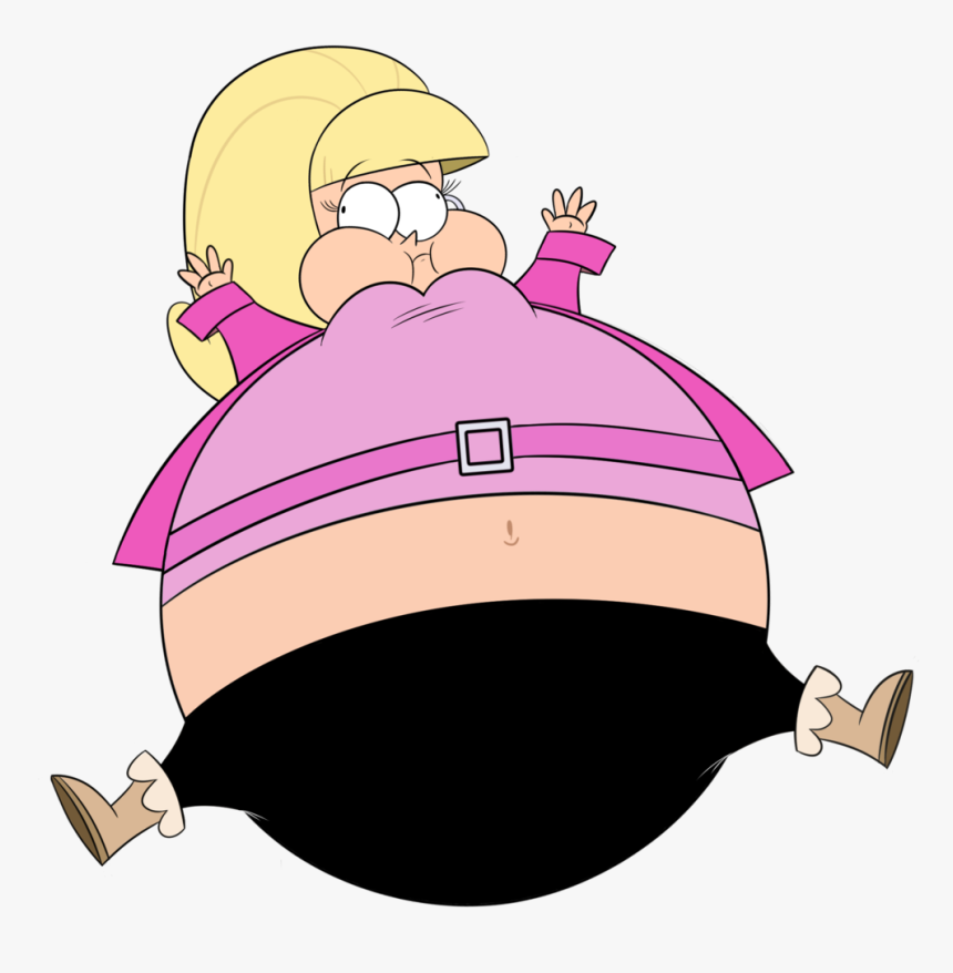 Cartoon woman with blonde hair, pink top, and exaggeratedly inflated body, arms raised in surprise.