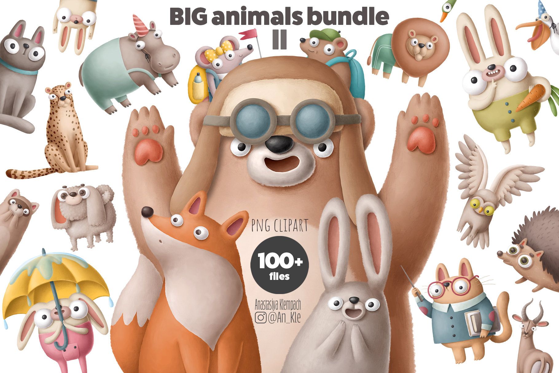 Cute cartoon animal clipart bundle featuring bear, fox, rabbit, and more in playful poses with accessories.