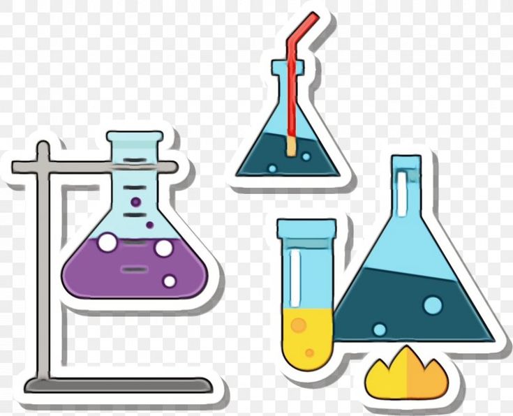 Cartoon-style chemistry lab equipment including beakers, flasks, test tube, Bunsen burner, and stand with bubbling liquids.