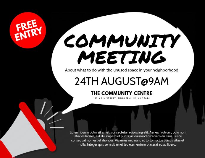 Community meeting flyer with megaphone, speech bubble, and "Free Entry" badge on black background.