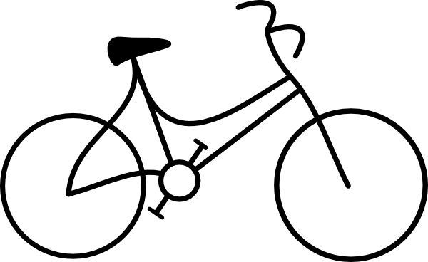 Minimalist black-and-white line drawing of a classic bicycle with two wheels, frame, seat, and handlebars.