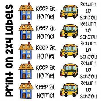 Printable 2x4 labels with "Keep at Home" house icons and "Return to School" bus icons for classroom organization.